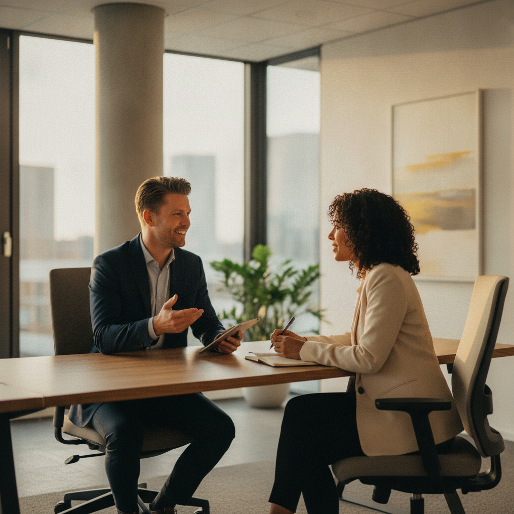 Recruiter van WVI Professionals in gesprek met kandidaat op kantoor in Almere, personeel zoeken voor vaste functies